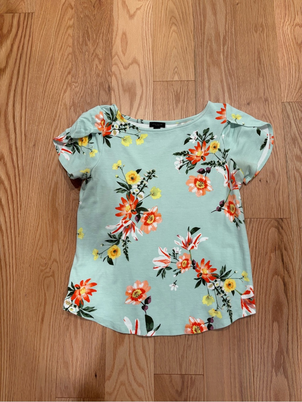 Ann Taylor Floral Scoop Neck Tee - Mint Green XS